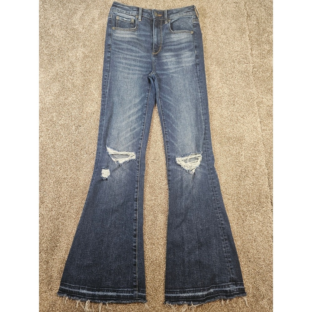 American Eagle Super Stretch Flare Jeans Distressed Raw Hem Blue Womens 2 Short